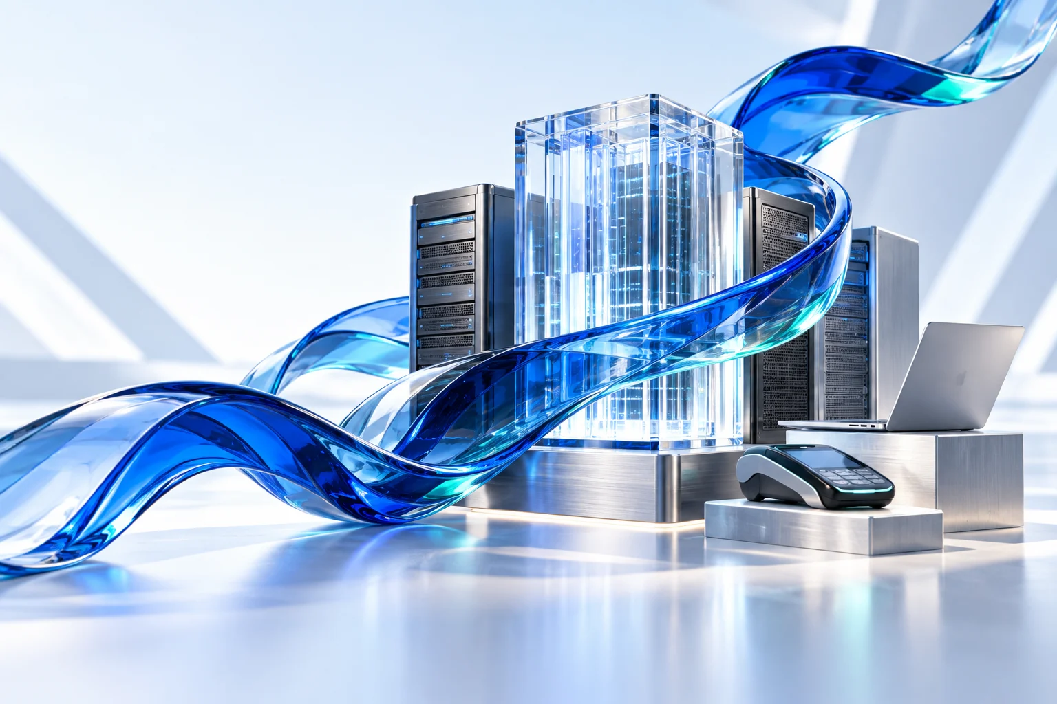 Infraestructura, datos y dispositivos de negocio integrados por un flujo de cristal azul